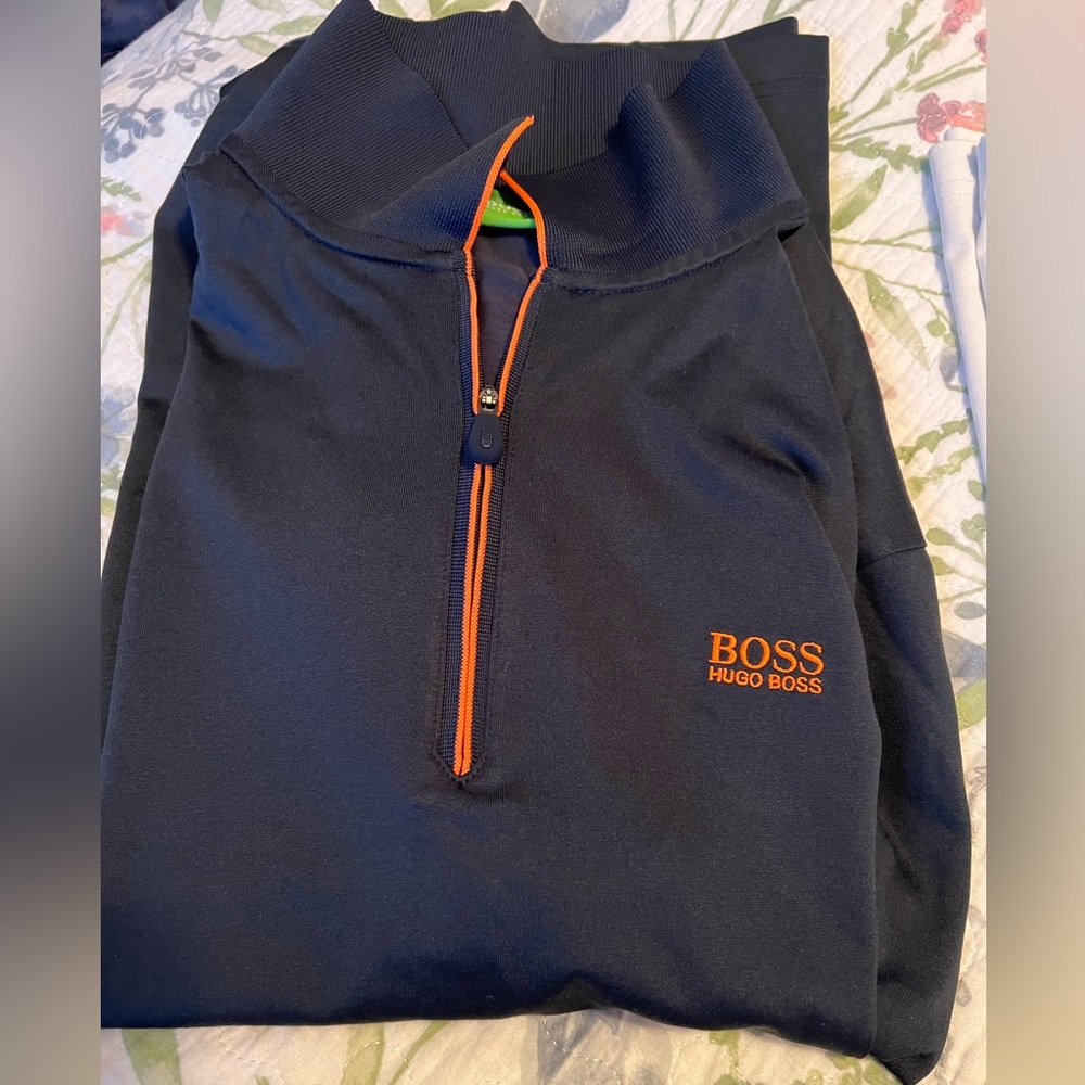 Hugo Boss blue zipper front Polo with orange accent size L